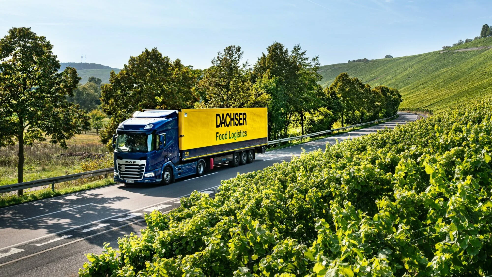 DGI_005654 Dachser Food Logistics Lkw fährt durch eine ländliche Landschaft mit Weinbergen am Straßenrand. DACHSER Food Logistics truck drives through a rural landscape with vineyards along the roadside.