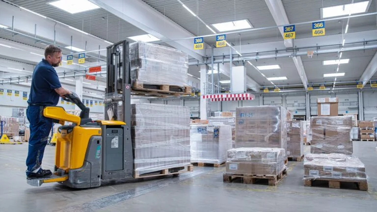 Warenumschlag von Stückgut im DACHSER Umschlaglager mit Gabelstapler und palettierter Fracht